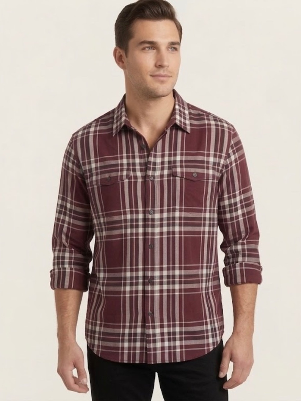 Express Men's Plaid Button Front Shirt Burgundy Long Sleeve 100% Cotton Size M
